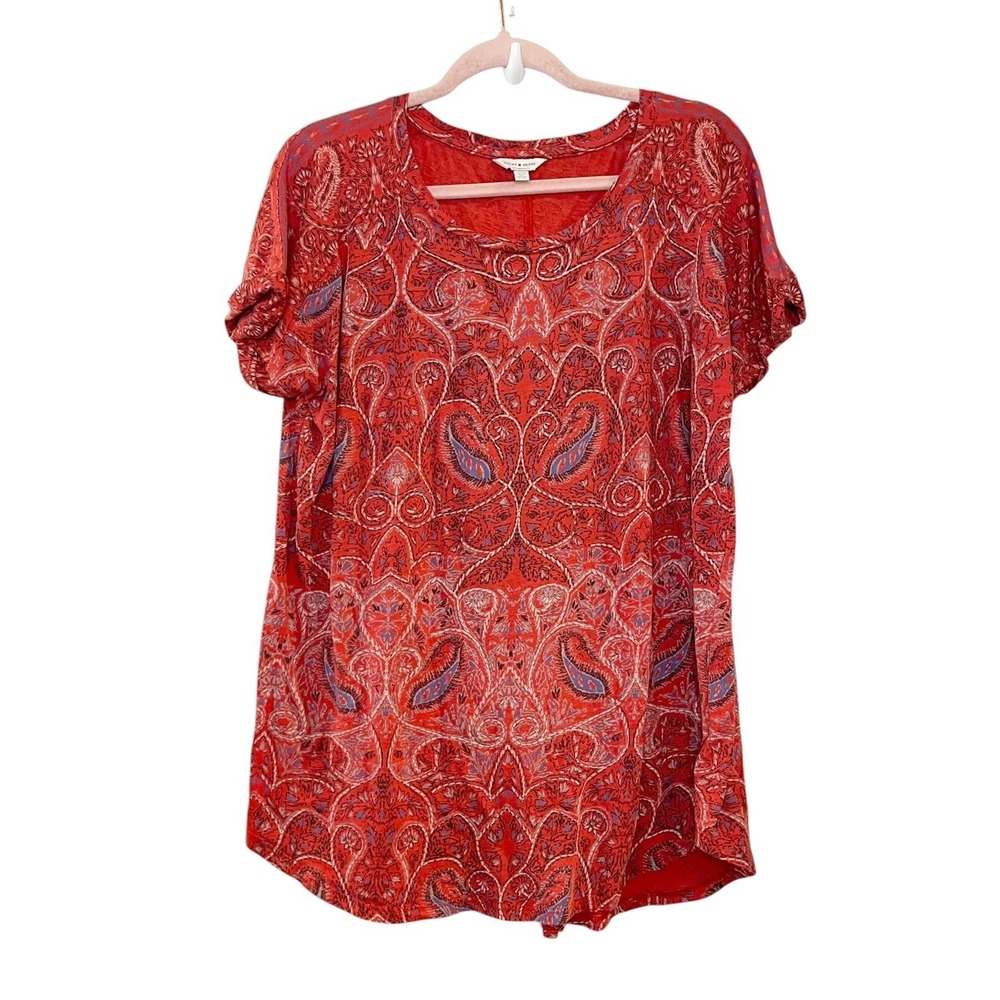 Lucky Brand Red Paisley Split Back Tunic Top 1X Boho Hippie Coastal Beach Preppy